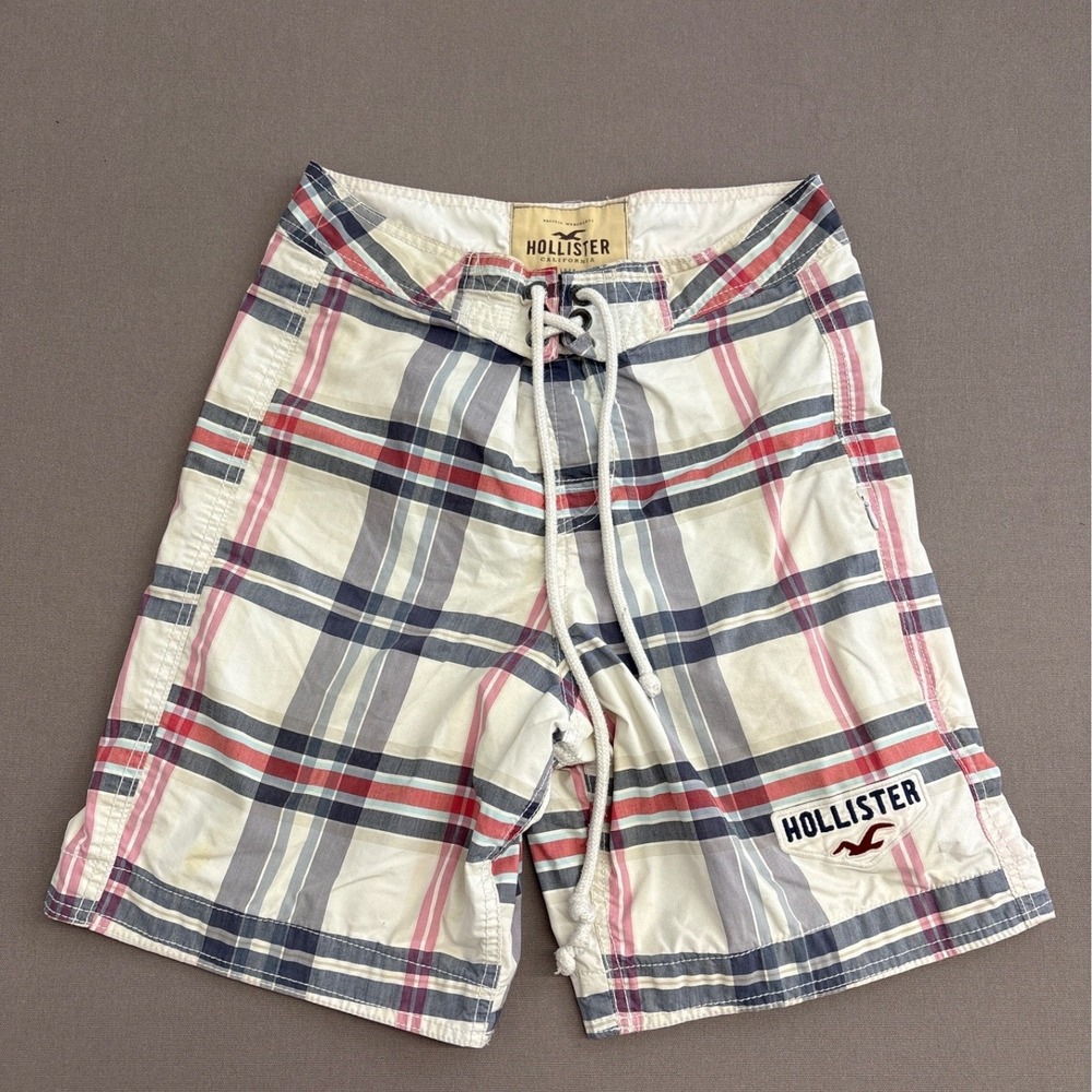 Hollister Mens XS‎ Plaid Board Shorts White Blue Pink Swim Trunks Mesh Lined